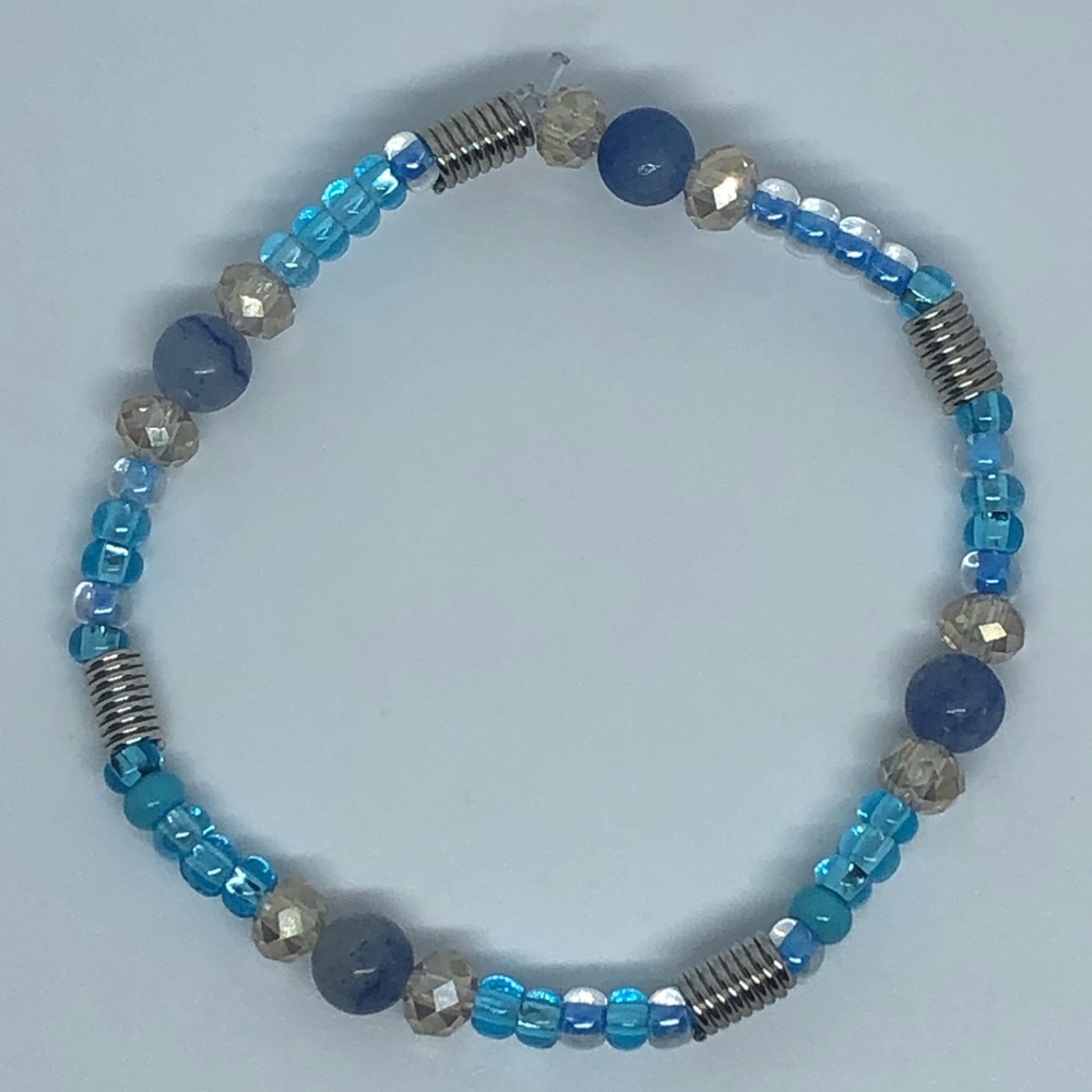 Mixed Bead Blue + Silver Stretchy String Bracelet